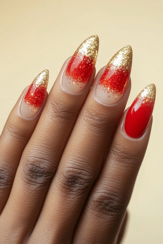 23 Red and Gold with Gold glitter tips