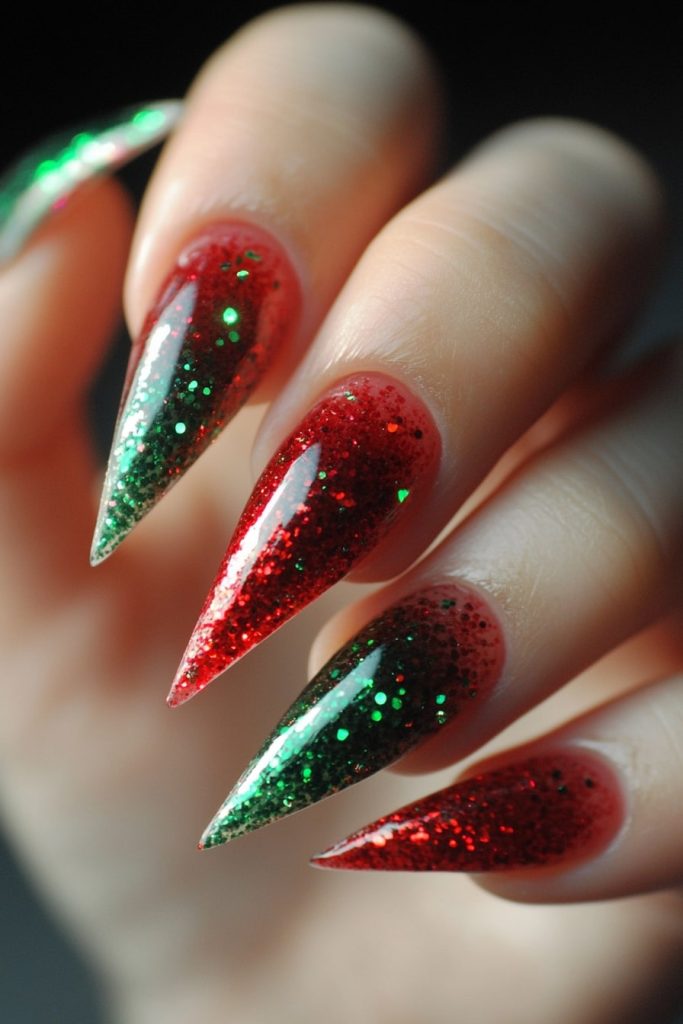 23 Red and green glitter fade nails