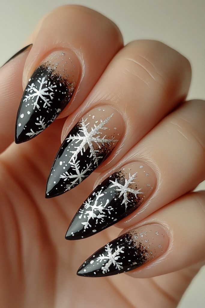 24 Black and Silver Snowflake Nails