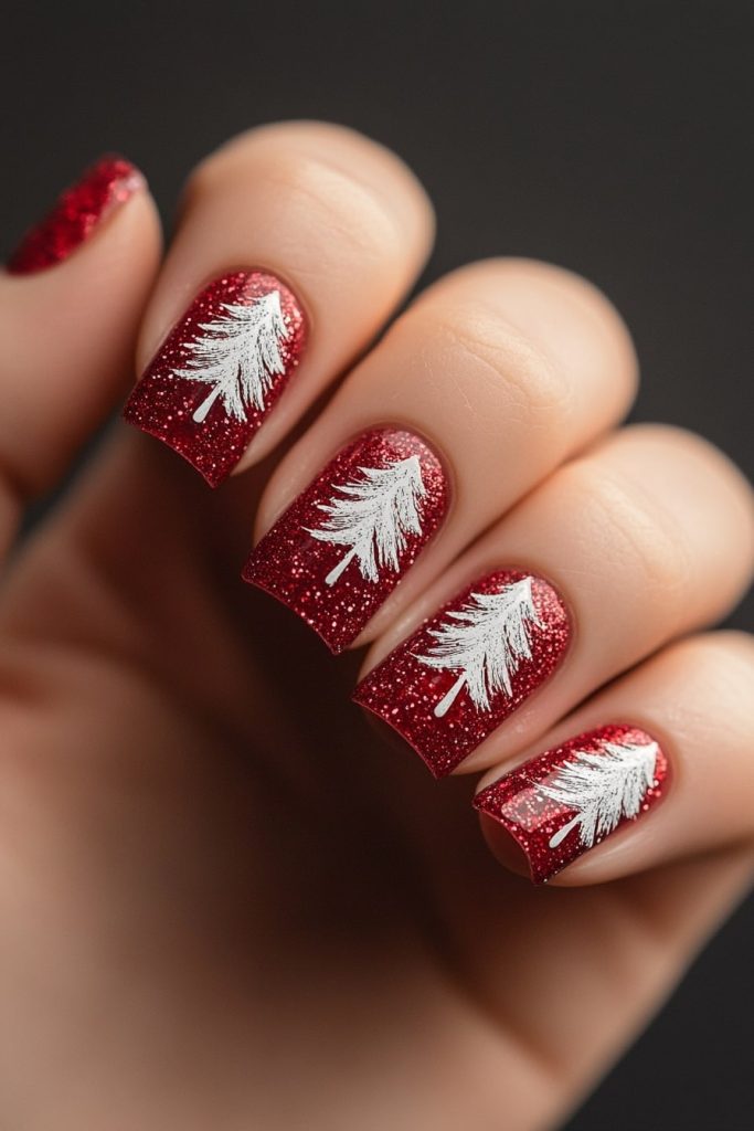 24 Red Glitter Base with White Christmas Tree Silhouettes