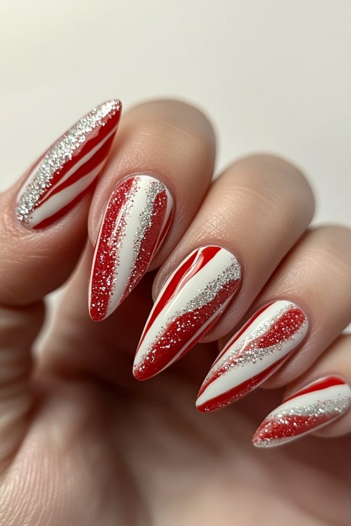 24 Red and White Candy Cane Stripes with Silver Glitter Accents