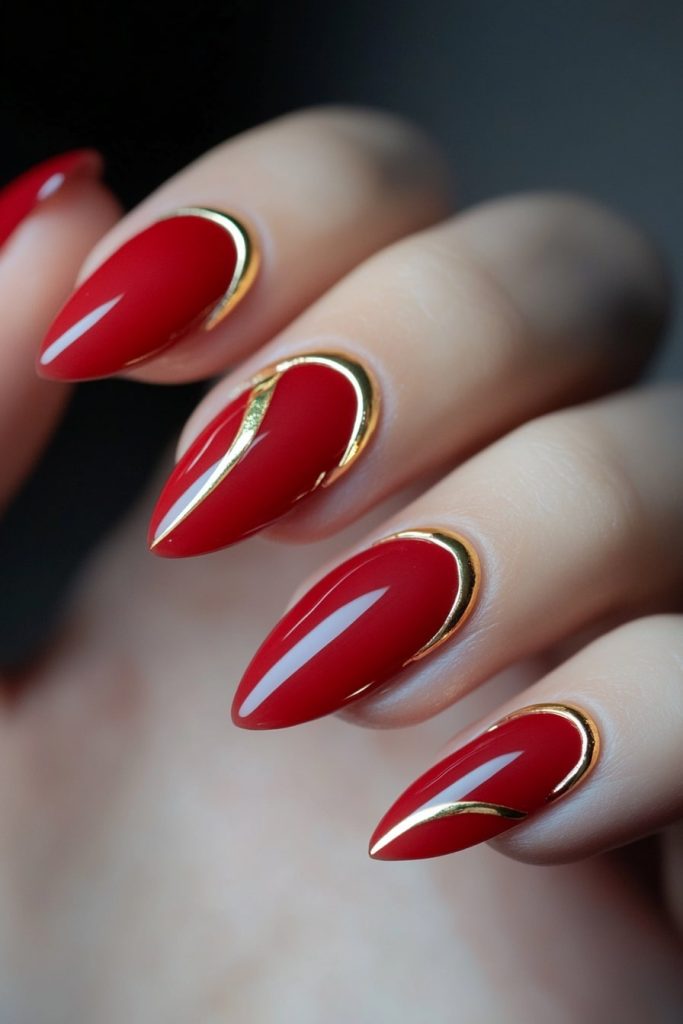 24 Red and Gold with Gold outline on red nails