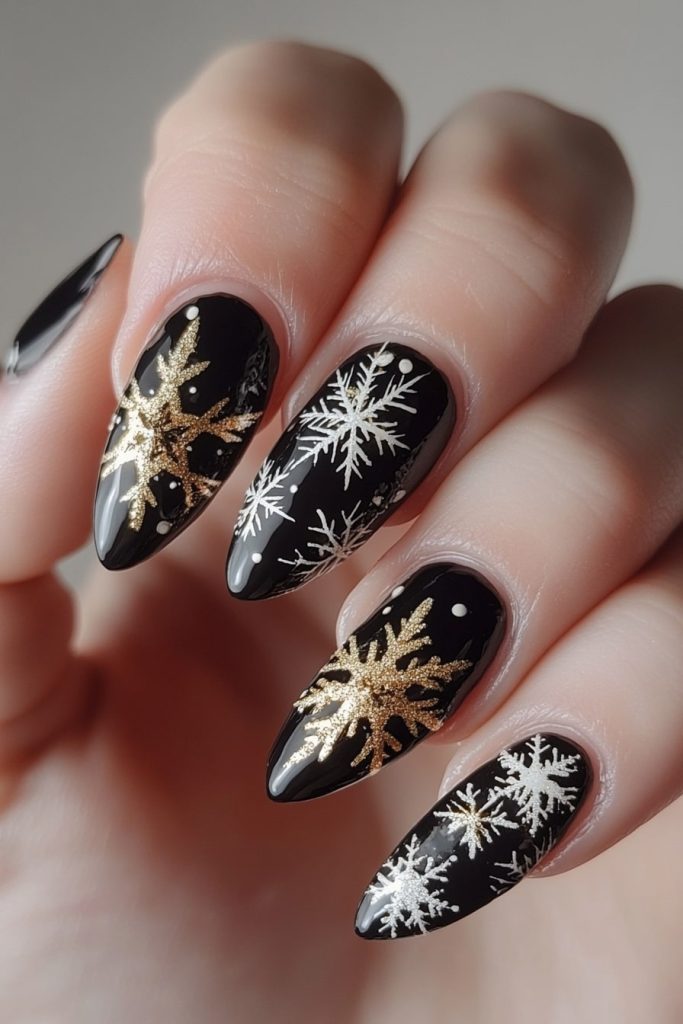 25 Black and Gold Snowflake Nails