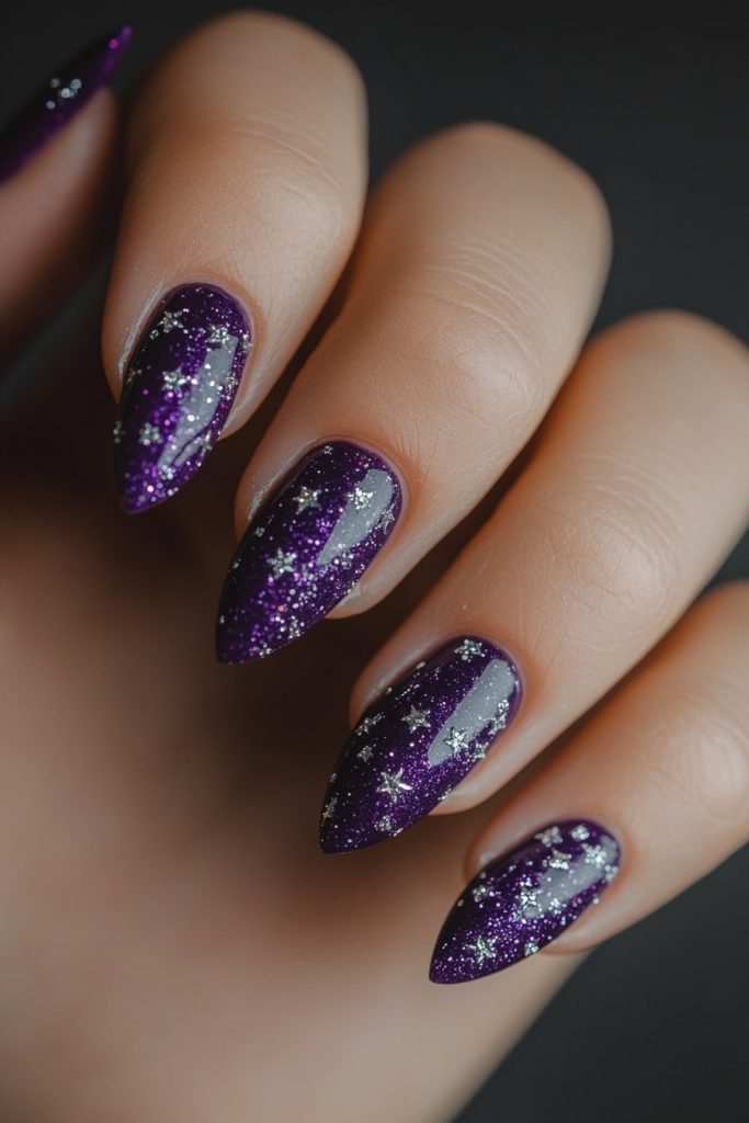 25 Deep Purple with Silver Glitter Stars