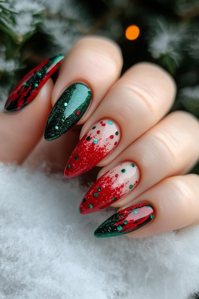 25 Red and green confetti nails