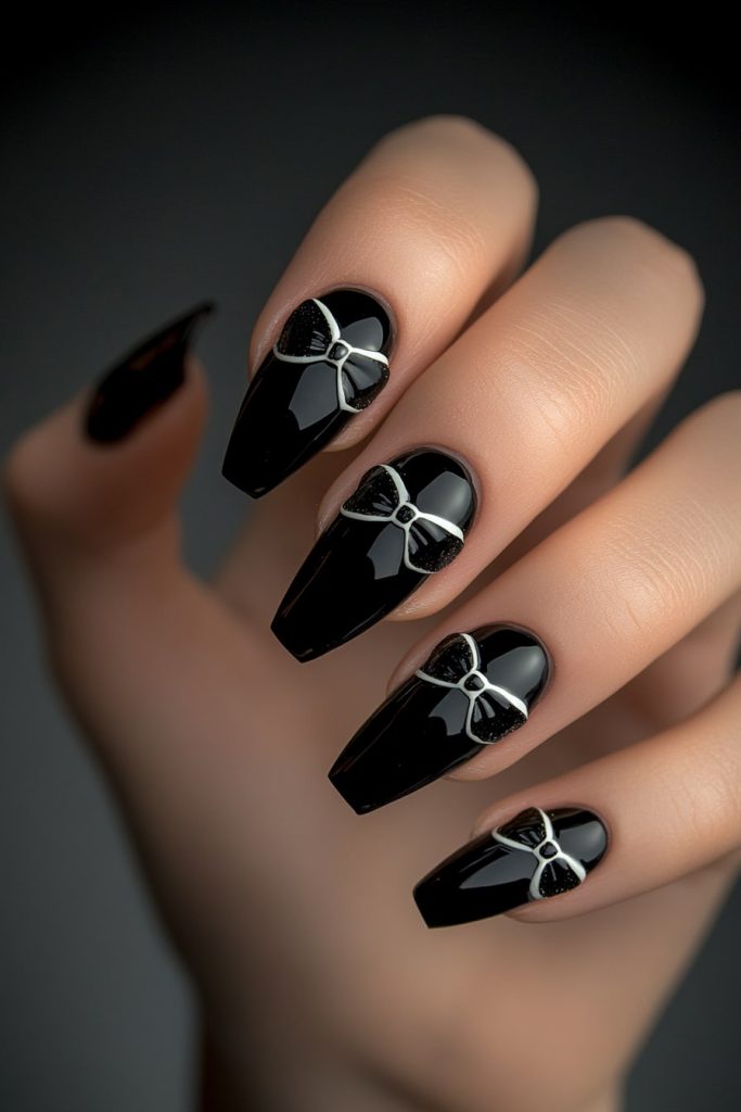 26 Black and White Bow Nails with Bow outlines on black base