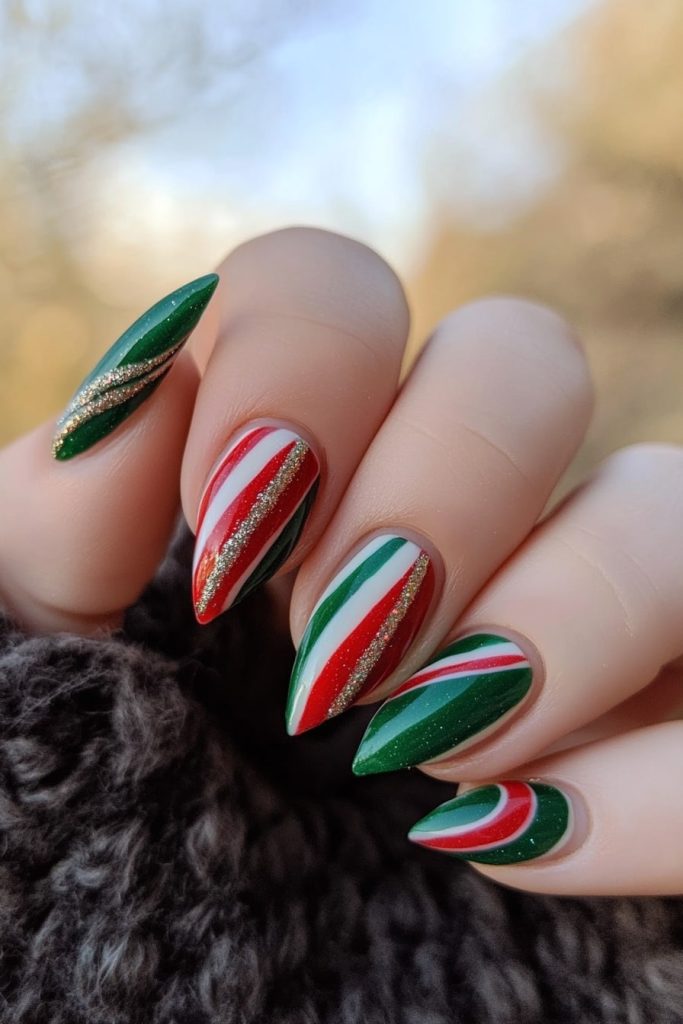 26 Red and green candy cane nails