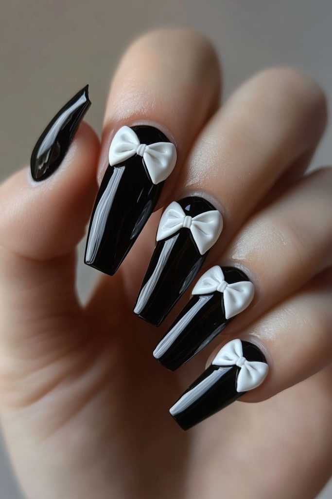 27 Black and White Bow Nails with White bow tips on black base