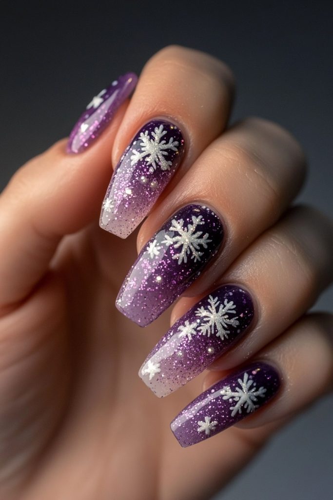27 Purple and Silver Glitter Gradient with Snowflake Accents