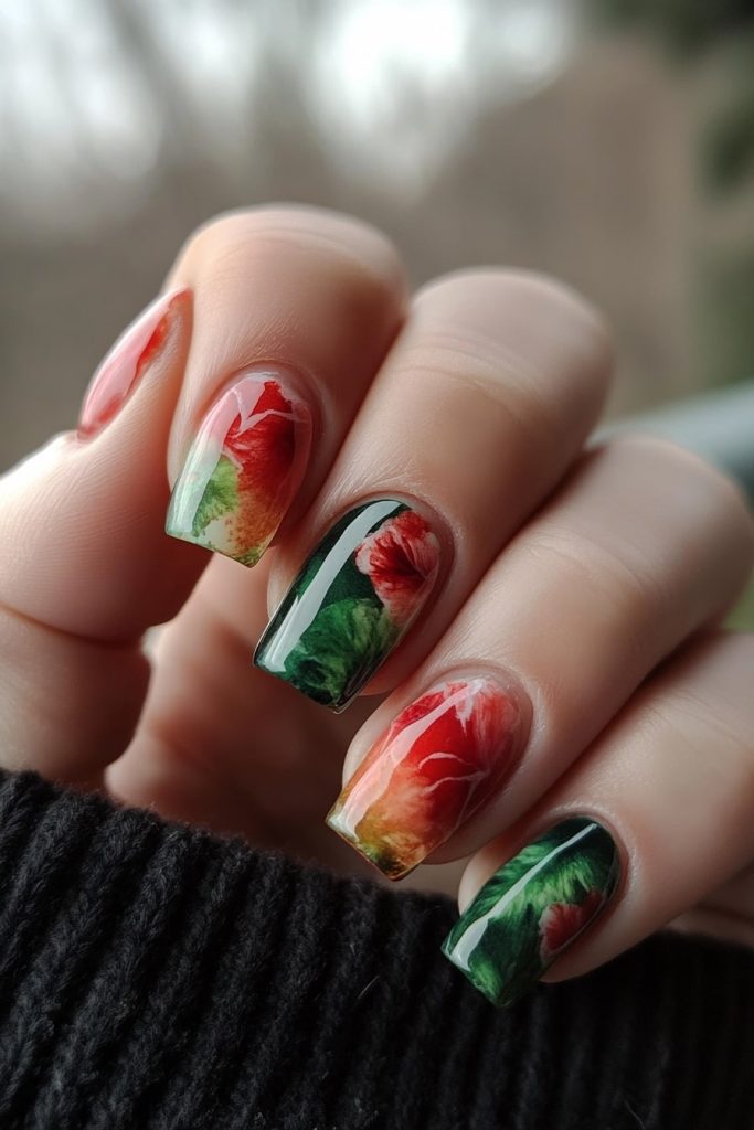 27 Red and green watercolor nails