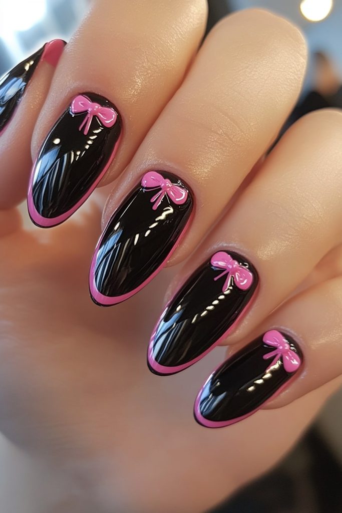 28 Black and Pink Bow Nails with Thin pink bow stripe