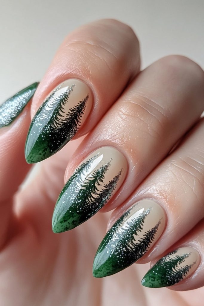 28 Forest Green with Silver Glitter Pine Trees