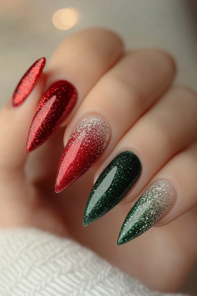 28 Red and green gradient glitter nails