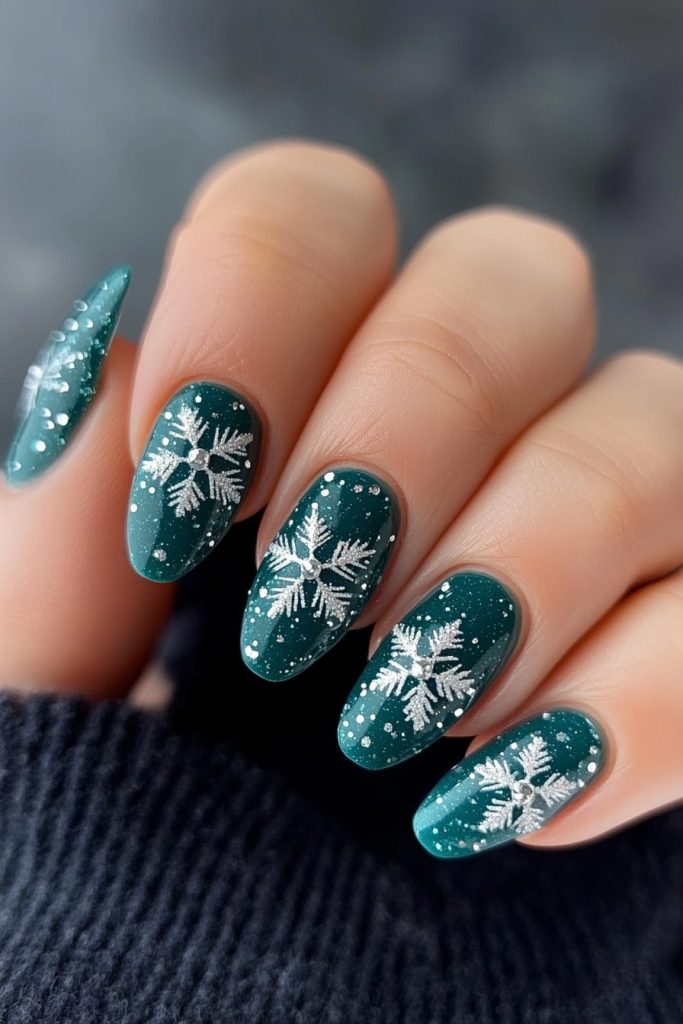 28 Teal with Silver Glitter Snowflakes