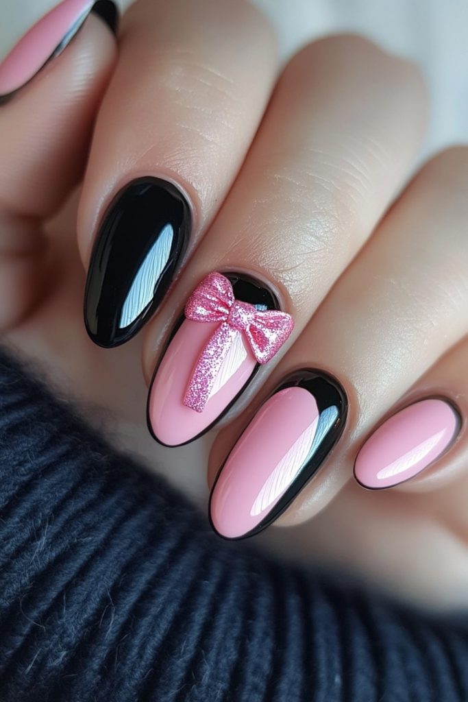 29 Black and Pink Bow Nails with Pink bow on accent nail