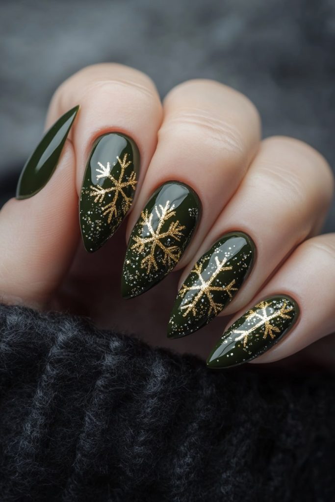 29 Olive Green with Gold Glitter Snowflake Accents