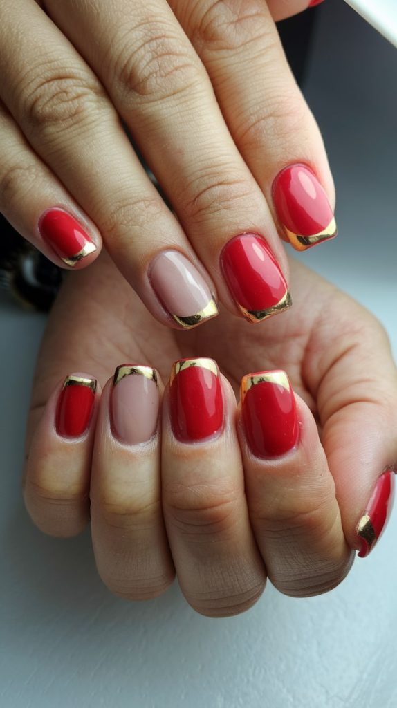 29 Red and Gold with Gold foil French tips
