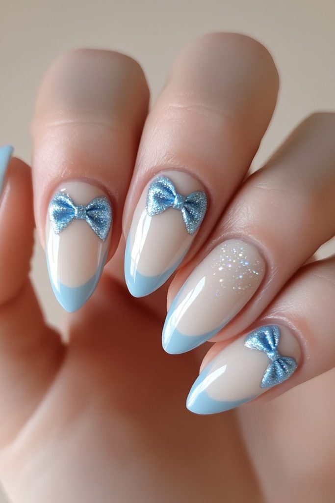 3 Blue Bow Nails with Subtle glitter accents