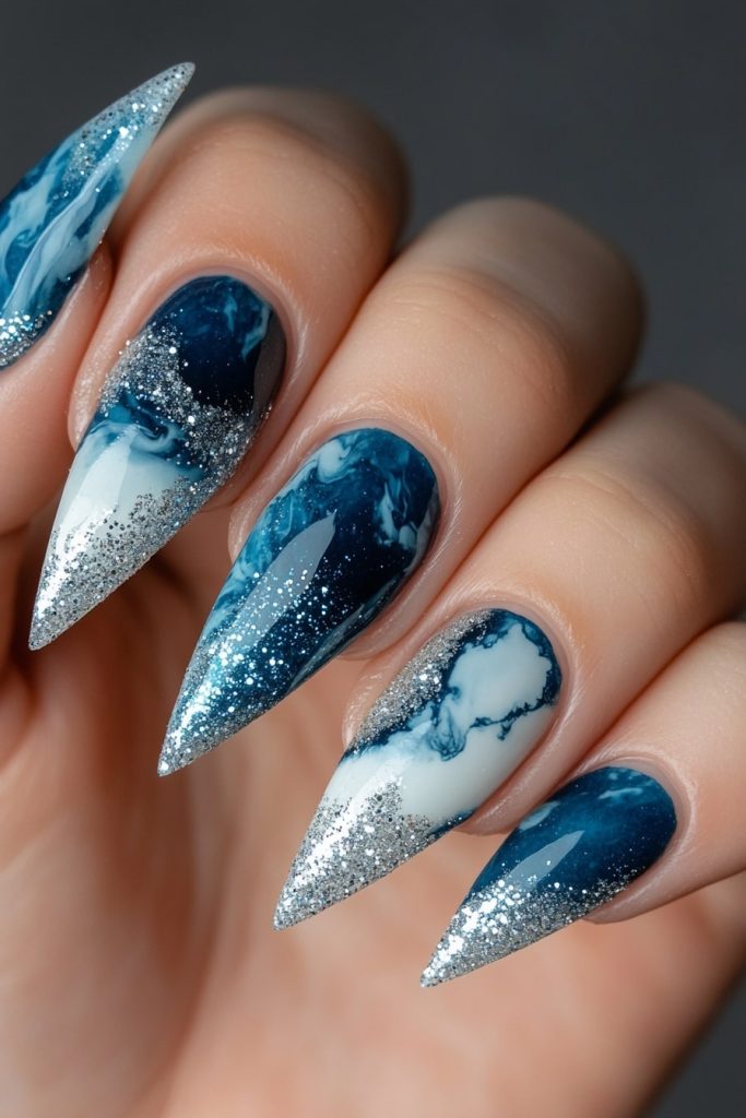 3 Blue & White Marble with Silver Glitter Accents