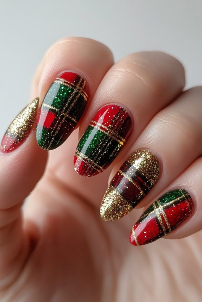 3 Red and Green Plaid with Gold Glitter Accents