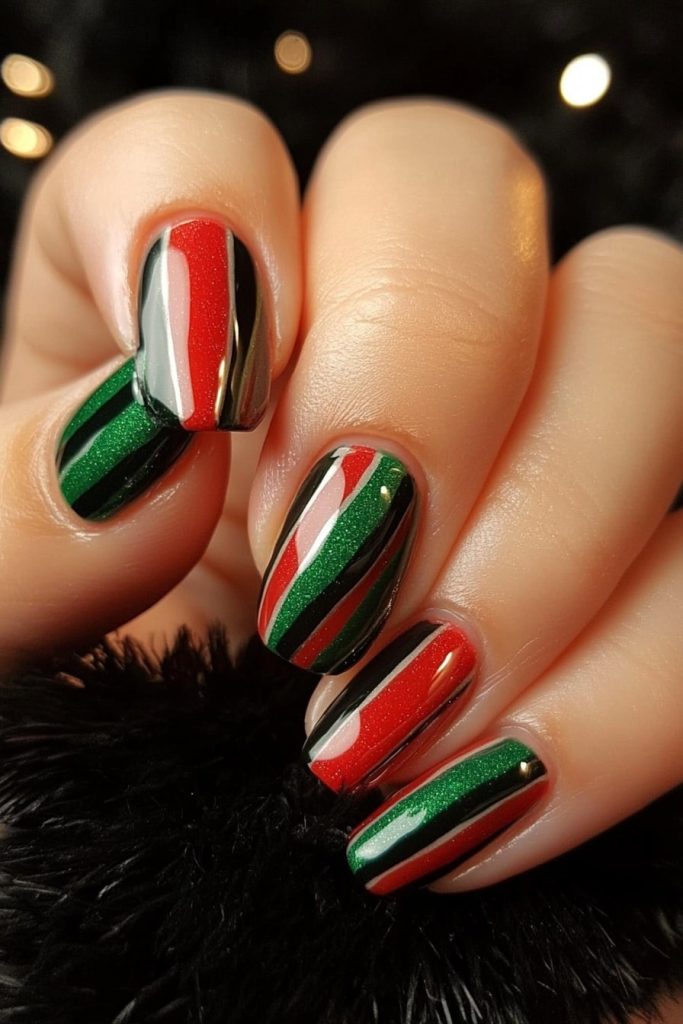 3 Red and green striped nails