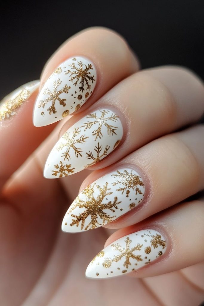 3 White and Gold Snowflake Nails