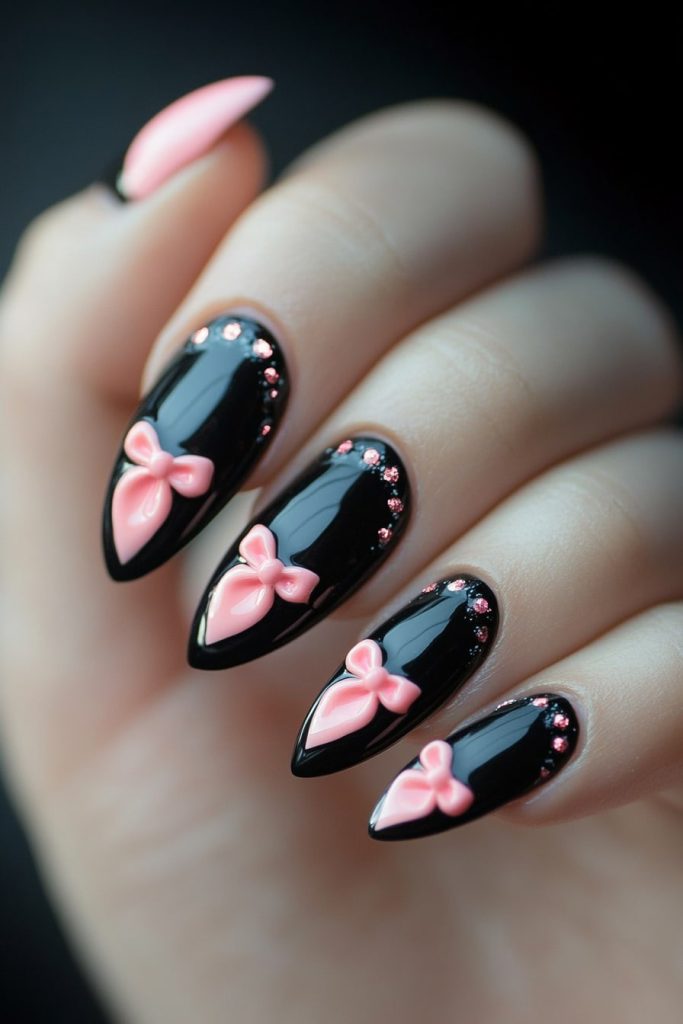 30 Black and Pink Bow Nails with Small pink bows near tips