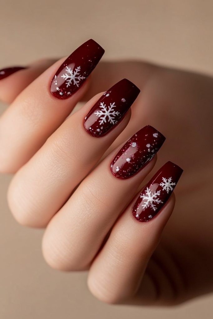 31 Burgundy Snowflake Nails