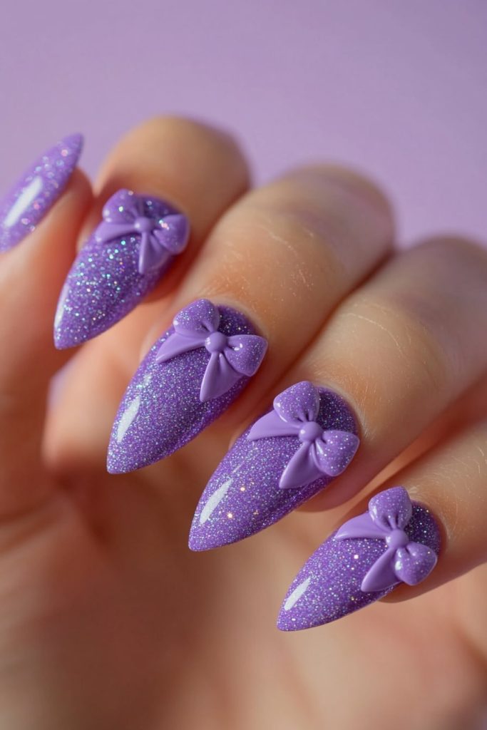 31 Purple Bow Nails with Tiny glittery purple bows
