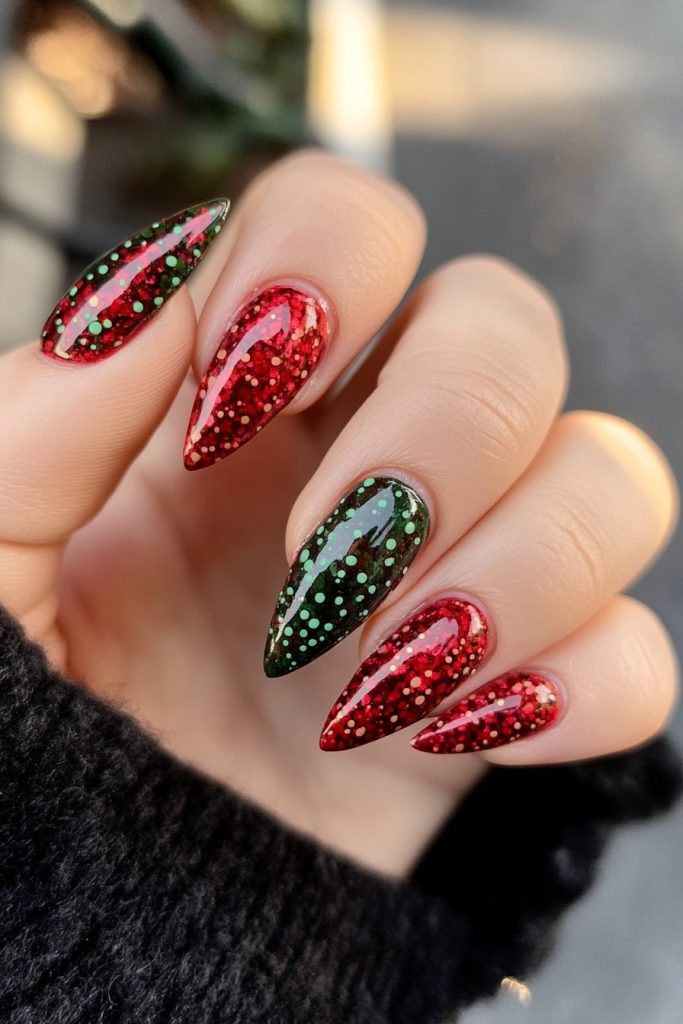 31 Red and green dot clusters nails