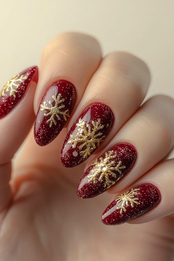 32 Burgundy with Gold Glitter Snowflakes