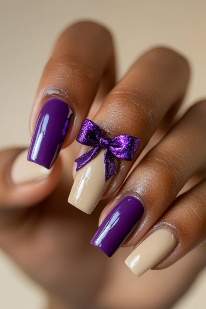 32 Purple Bow Nails with Centered purple bow on accent nail