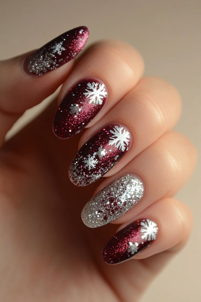 34 Burgundy and Silver Glitter Ombre with Snowflake Accents