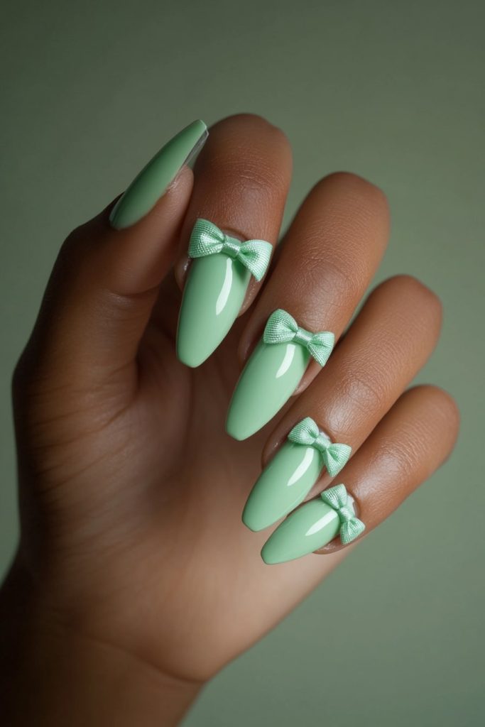 34 Green Bow Nails with Bow accents at the cuticle