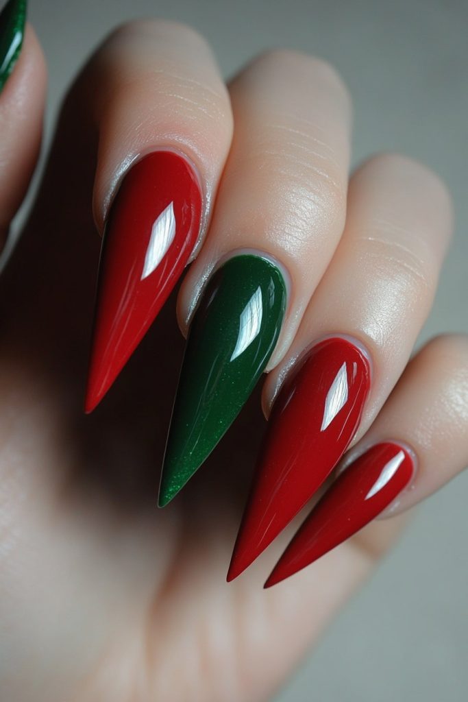 34 Red and green stiletto nails