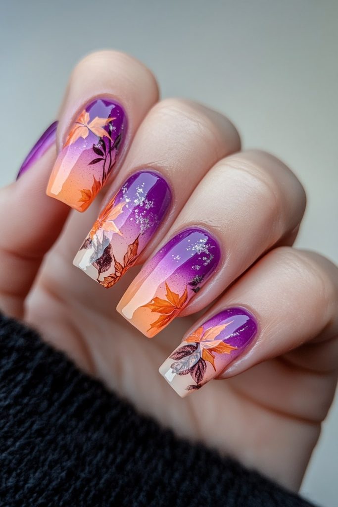 35 Purple and Orange Gradient with Fall Leaf Accents