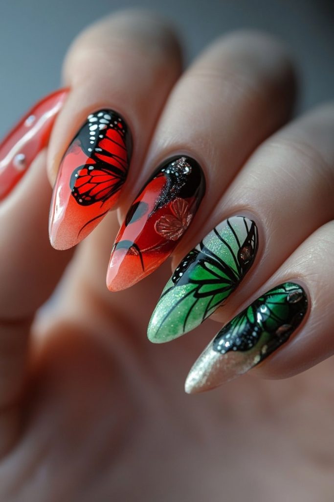 35 Red and green butterfly nails