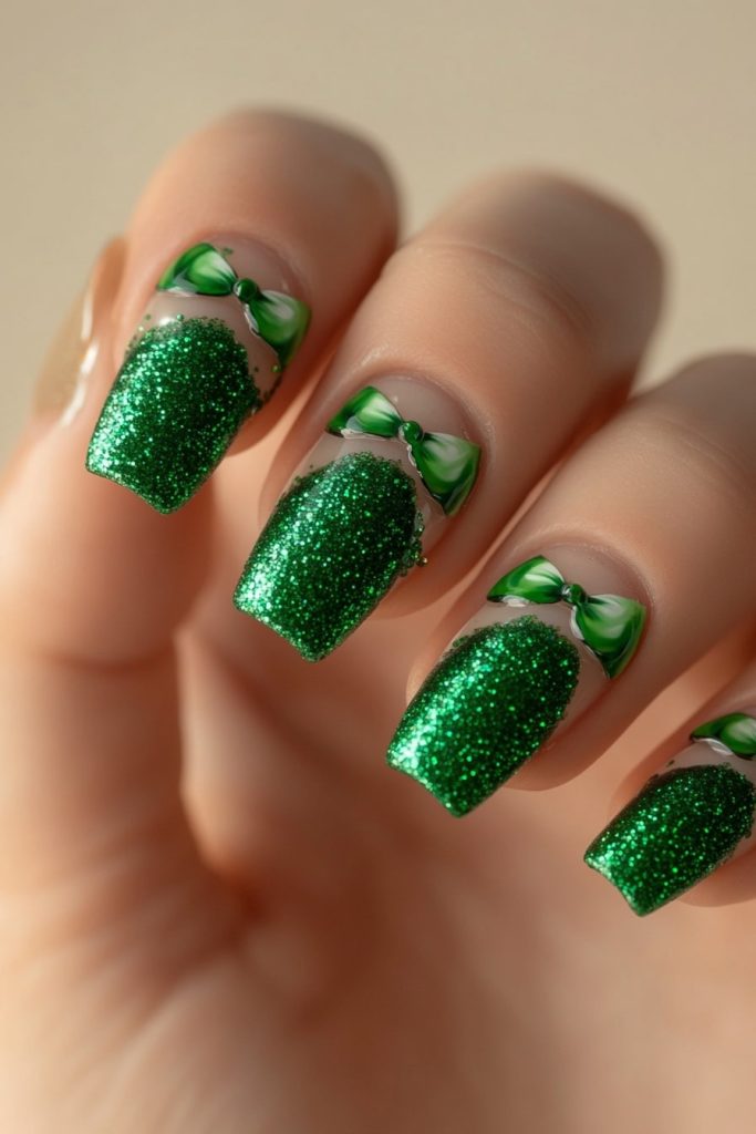 36 Green Bow Nails with Tiny glittery green bow near tips