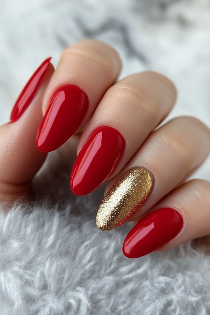36 Red and Gold with Gold accent nail on ring finger