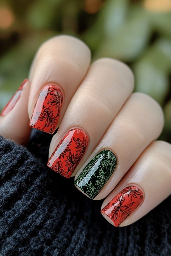36 Red and green stamped nails