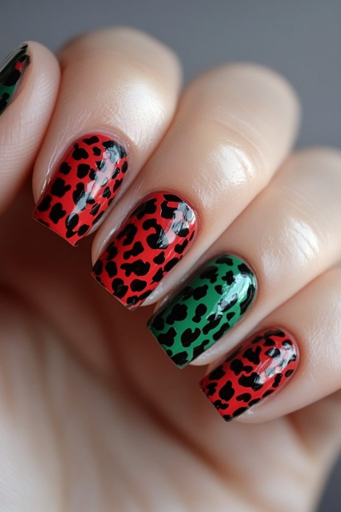4 Red and green leopard nails
