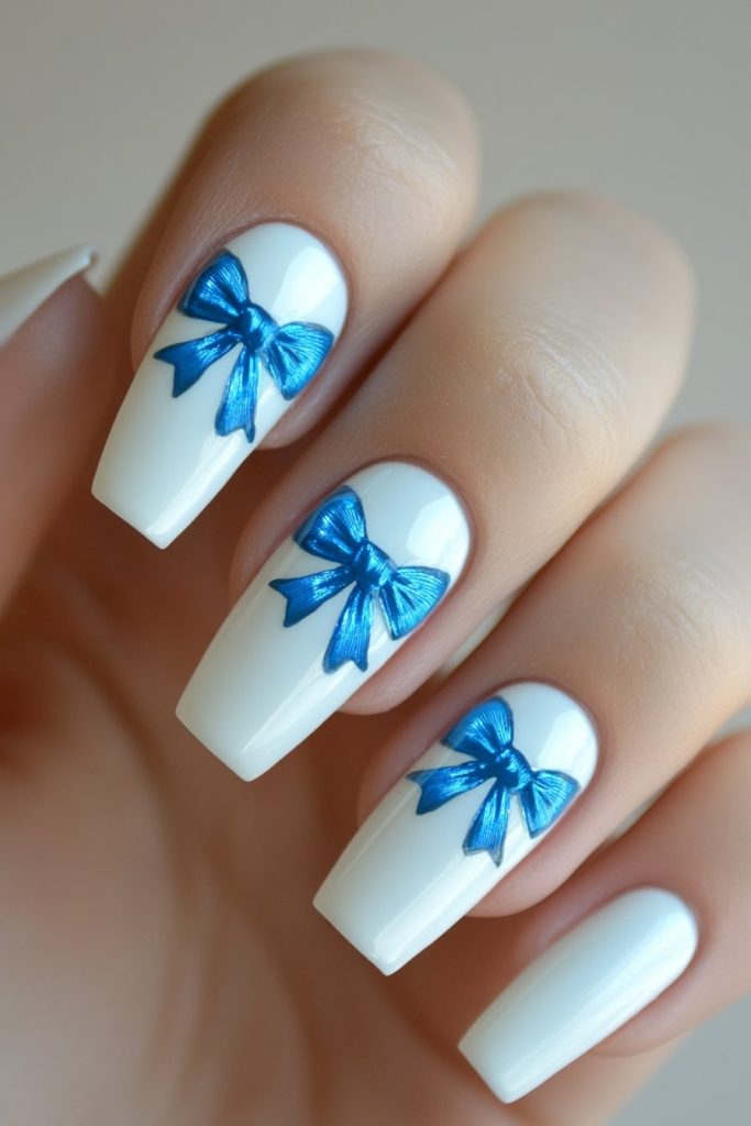 4 White Nails with Blue Bow with Centered bow design