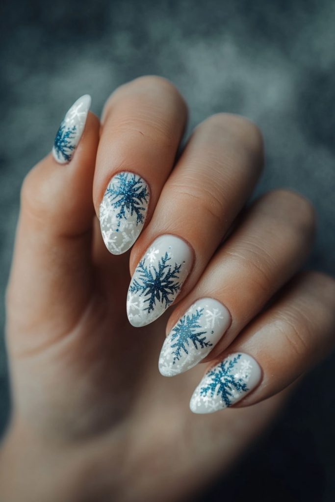 4 White and Blue Snowflake Nails