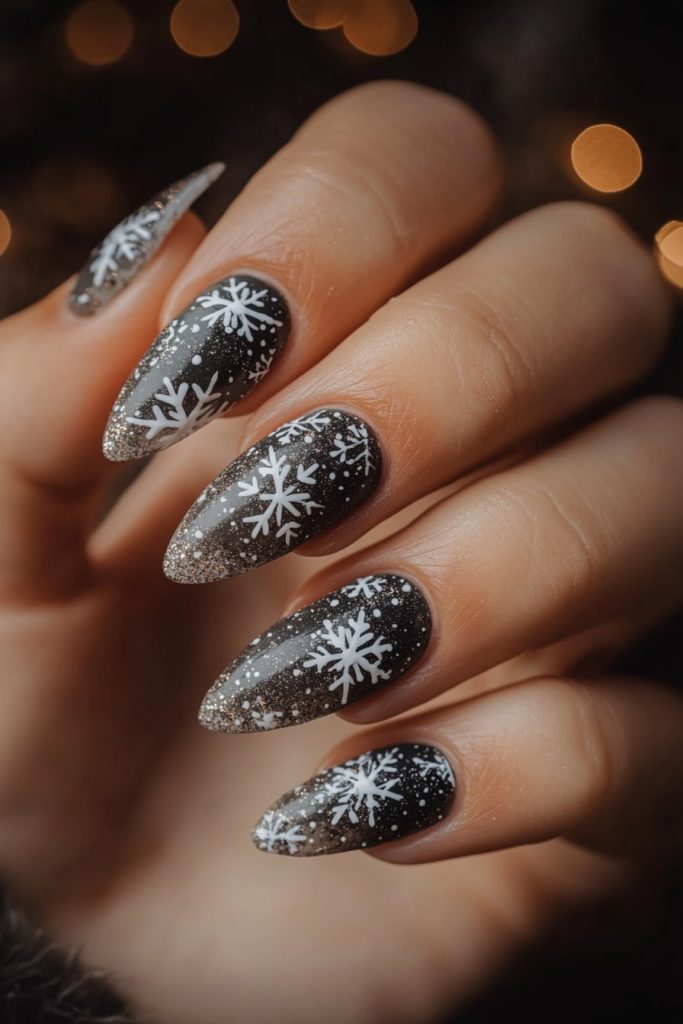 5 Grey and White Snowflake Nails