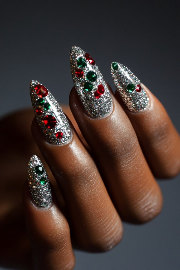 5 Silver Glitter Base with Red and Green Rhinestones