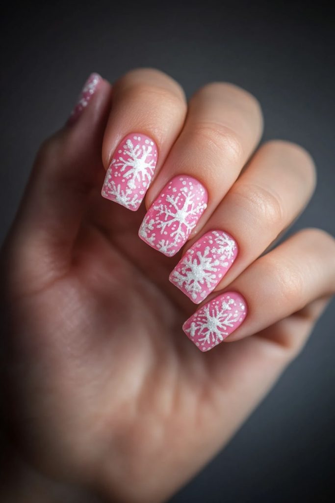 6 Pink and White Snowflake Nails