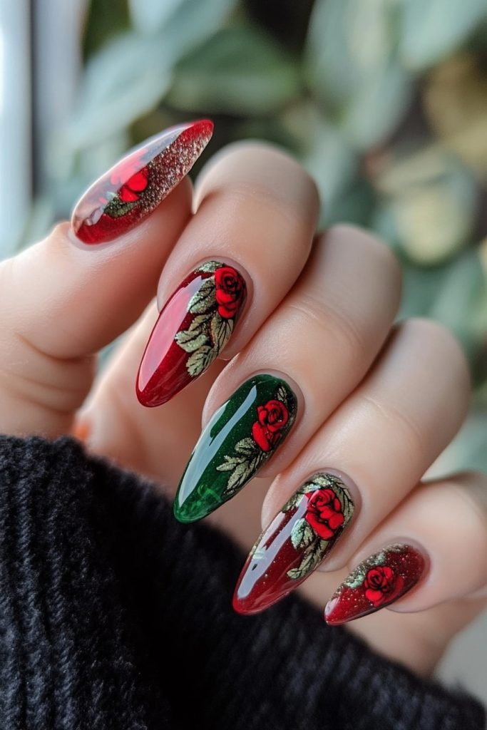 6 Red and green flower nails