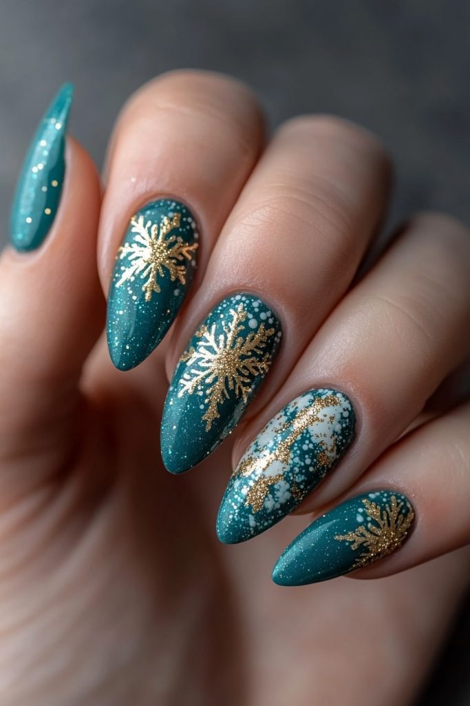 6 Teal with Gold Glitter Snowflake Accents