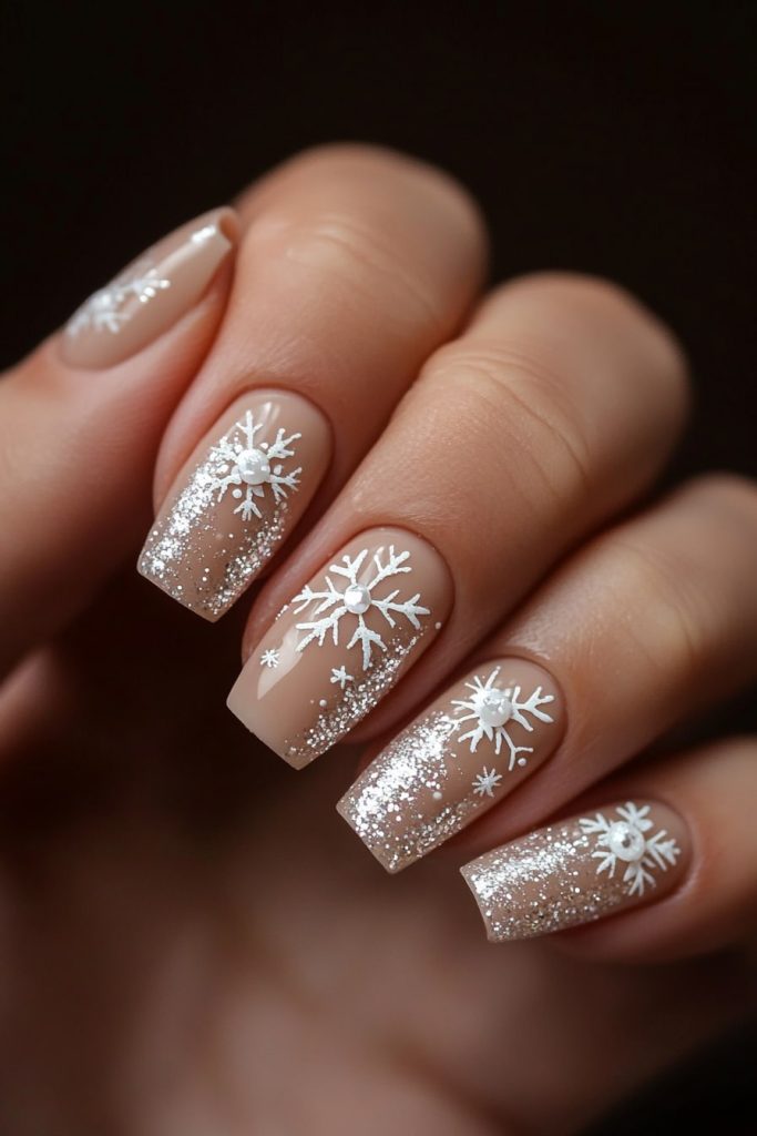 7 Beige with Silver Glitter Snowflakes