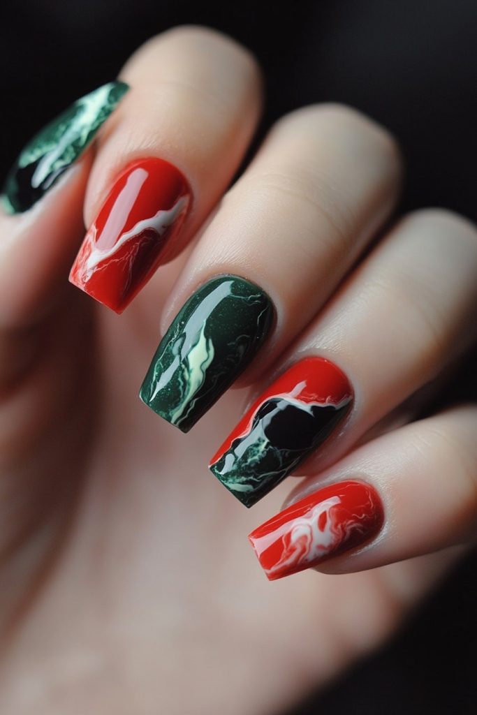 7 Red and green marble nails